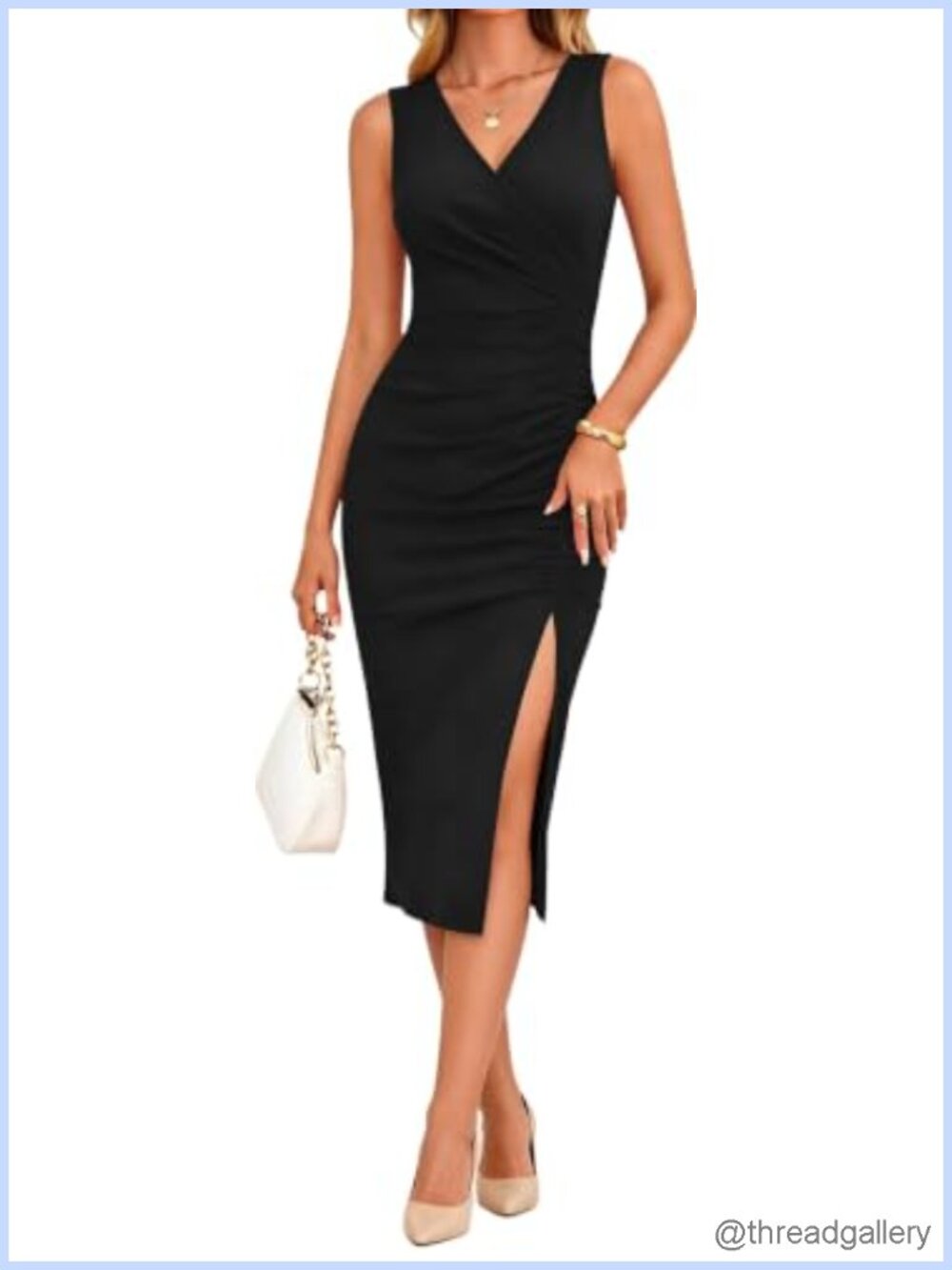 Sexy V Neck Sleeveless Ruched Bodycon Midi Dress Side Slit Faux Wrap Cocktail